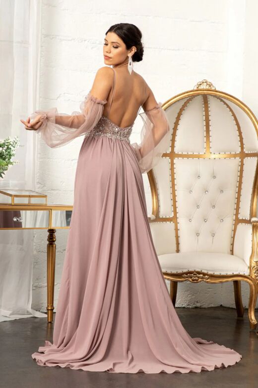 GLS by Gloria GL3005 Beaded Bodice A-Line Sheer Sleeve Dress