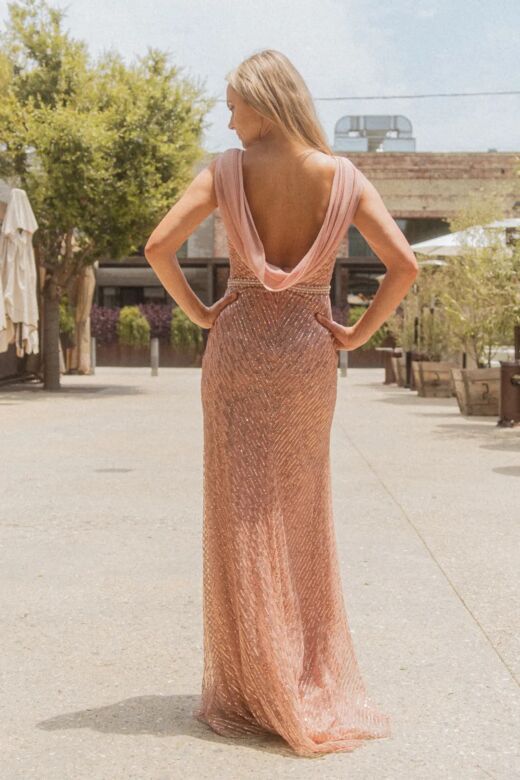 GLS by Gloria GL3008 Drape Back V-Neck Embellished Dress