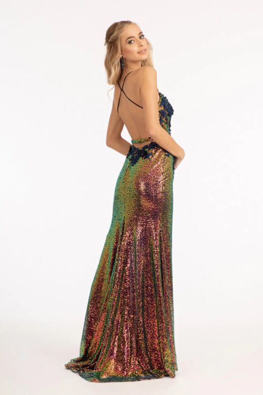 Elizabeth K GL3025 Strappy Back 3D Floral Sequin Dress