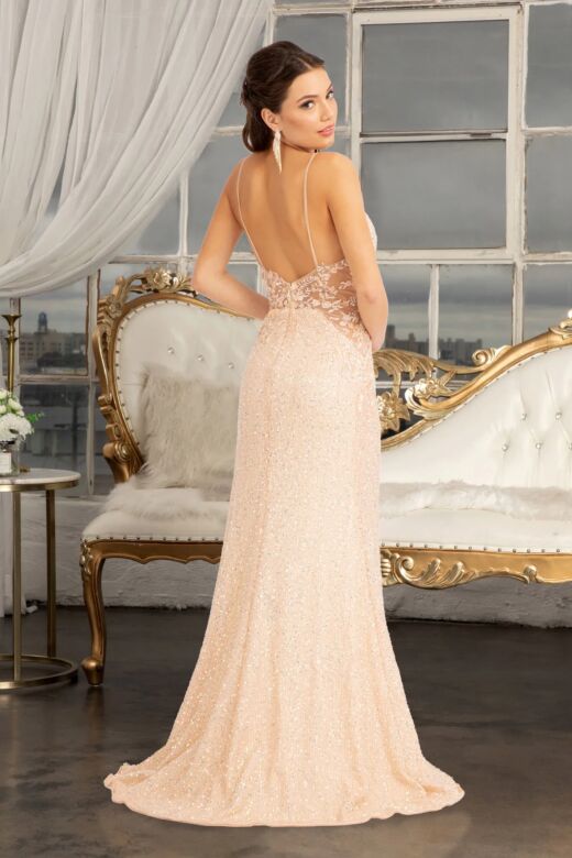GLS by Gloria GL3029 Illusion Sides Plunging Neck Sequin Dress