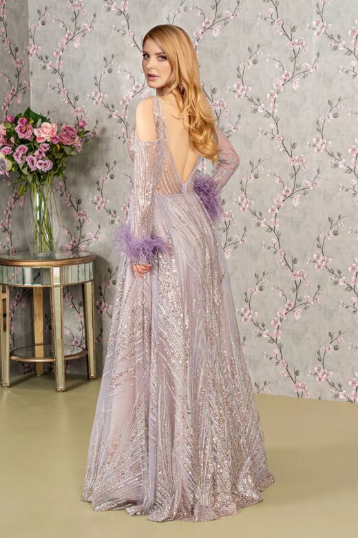 GLS by Gloria GL3041 Cold Shoulder A-Line Feather Cuff Dress