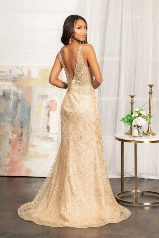 GLS by Gloria GL3042 Embroidered Top Plunging Neck Glitter Dress