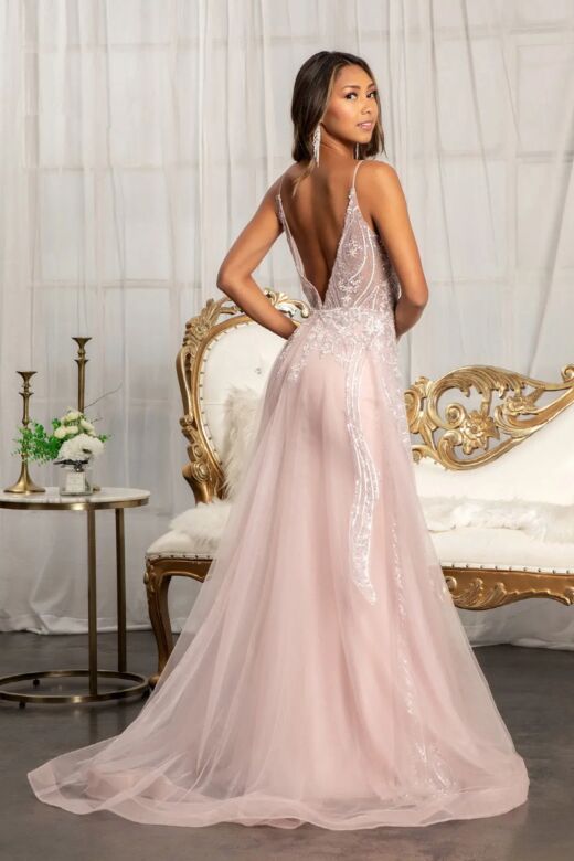 GLS by Gloria GL3043 Removable Overskirt V-Neck Embroidery Dress