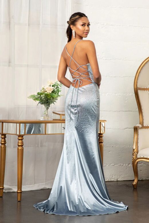 Elizabeth K GL3045 Lace-Up Back Hot Fix Satin Dress
