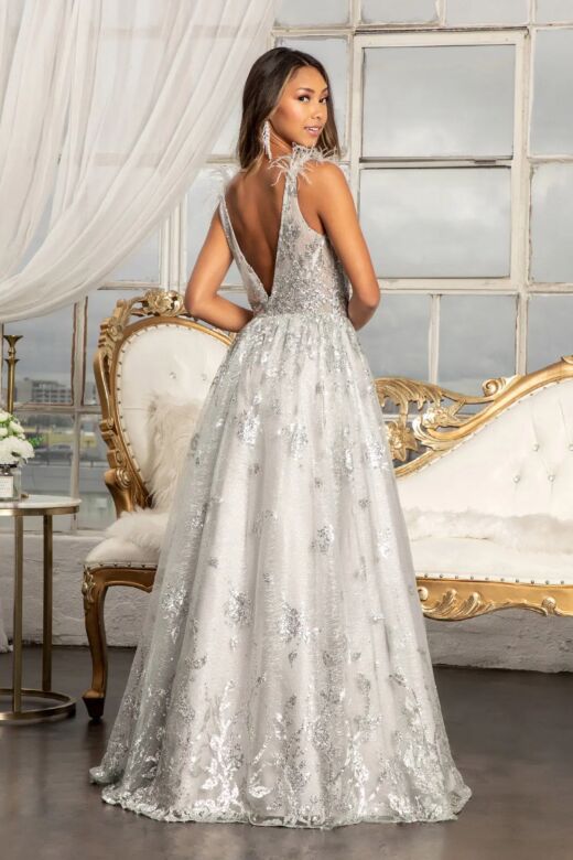 GLS by Gloria GL3048 A-Line Feather Strap V-Back Dress