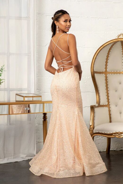GLS by Gloria GL3052 Lace-Up Back High Slit Glitter Dress