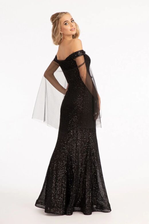 Elizabeth K GL3054 Detachable Sleeves Off The Shoulder Sequin Dress