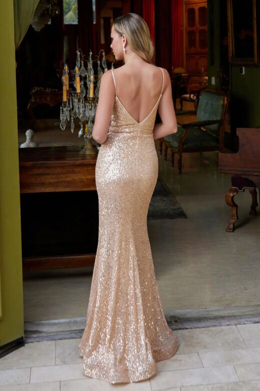 Elizabeth K GL3055 Bare Back Plunging Neck Sequin Dress