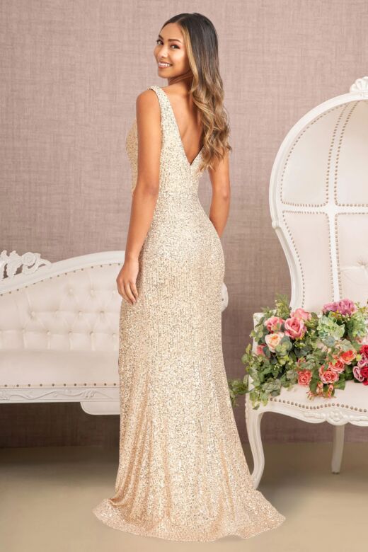 Elizabeth K GL3056 Plunging Neckline High Slit Sequin Dress
