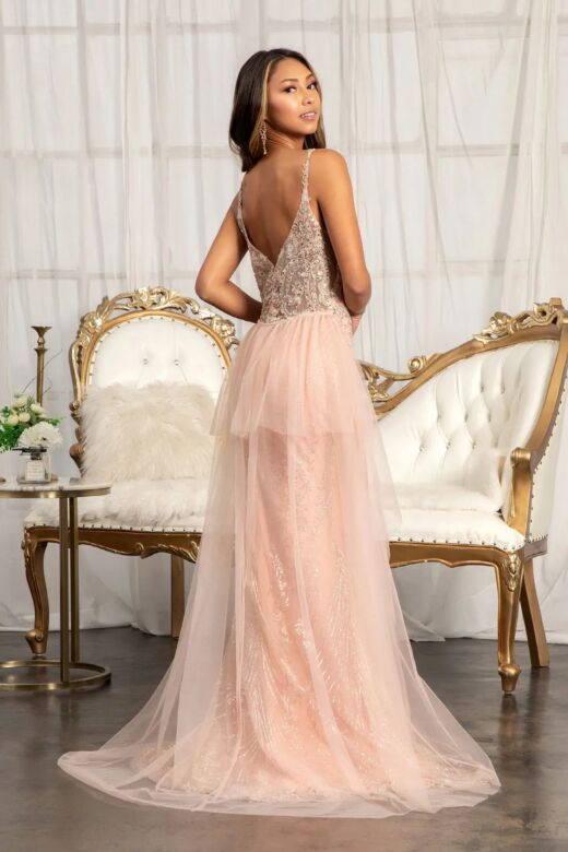 Elizabeth K GL3069 Detachable Overskirt Plunging Neck Glitter Dress