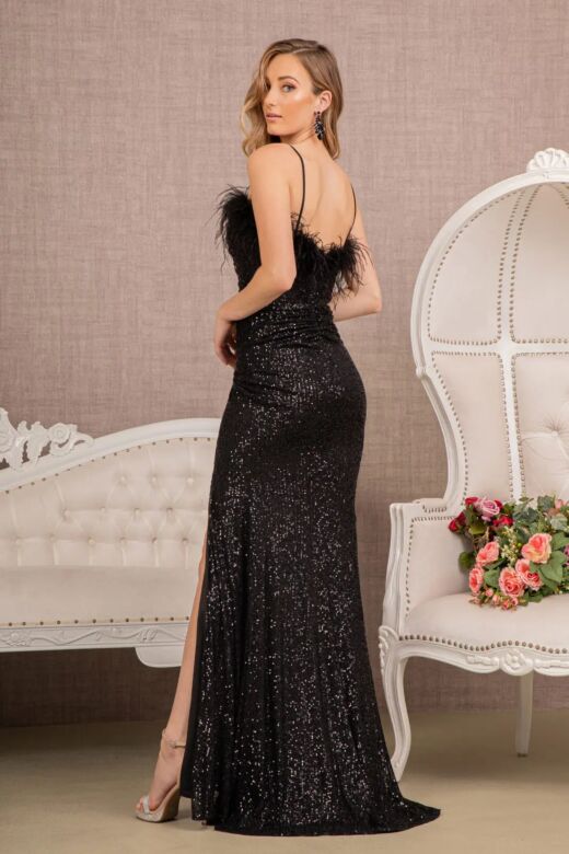 Elizabeth K GL3113 Feather Neckline Ruched Glitter Dress