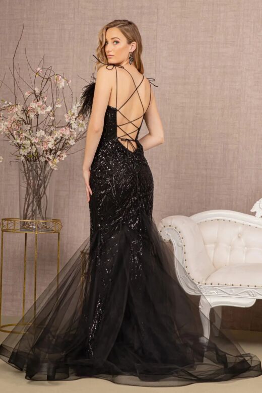 GLS by Gloria GL3117 Feather Neckline Trumpet Sequin Dress