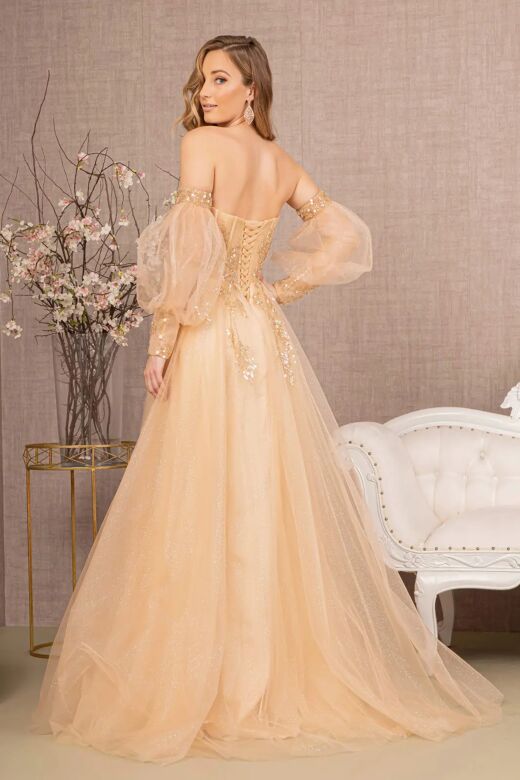 GLS by Gloria GL3118 Removable Sleeves Glitter Corset Dress