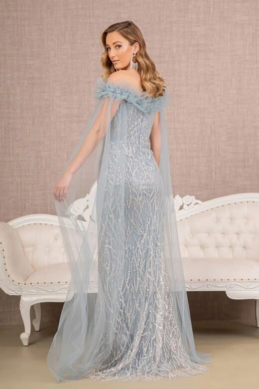 GLS by Gloria GL3120 Floor-Length Sleeves Ruffle Neck Glitter Dress