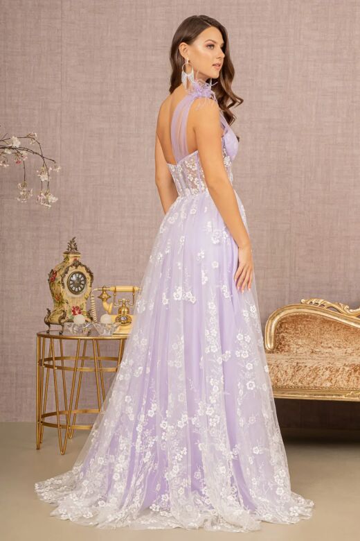 GLS by Gloria GL3134 One Shoulder Corset Floral Glitter Dress
