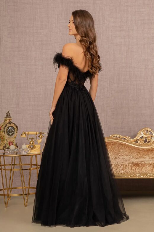GLS by Gloria GL3138 Feather Neckline Embroidered Corset Dress