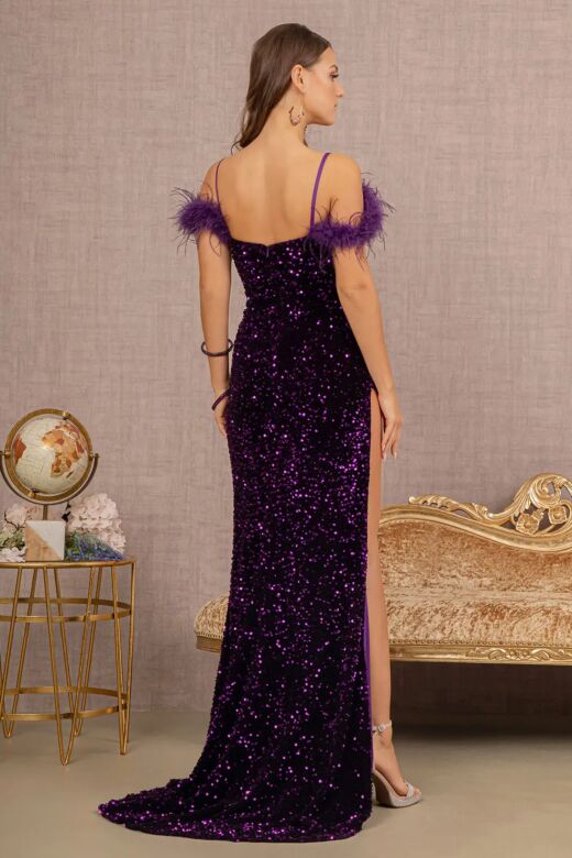 Elizabeth K GL3149 Feather Sleeve Cutaway Slit Velvet Dress