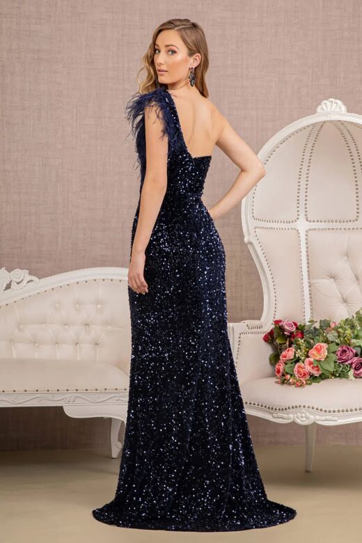 GLS by Gloria GL3154 Feather Slit Asymmetric Neckline Dress