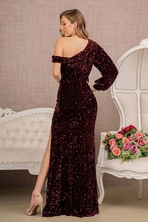 Elizabeth K GL3159 Split Bishop Sleeve Asymmetric Sequin Dress