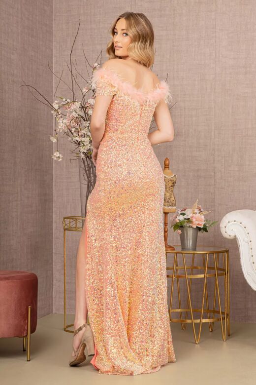 GLS by Gloria GL3164 Feather Neckline High Slit Sequin Dress
