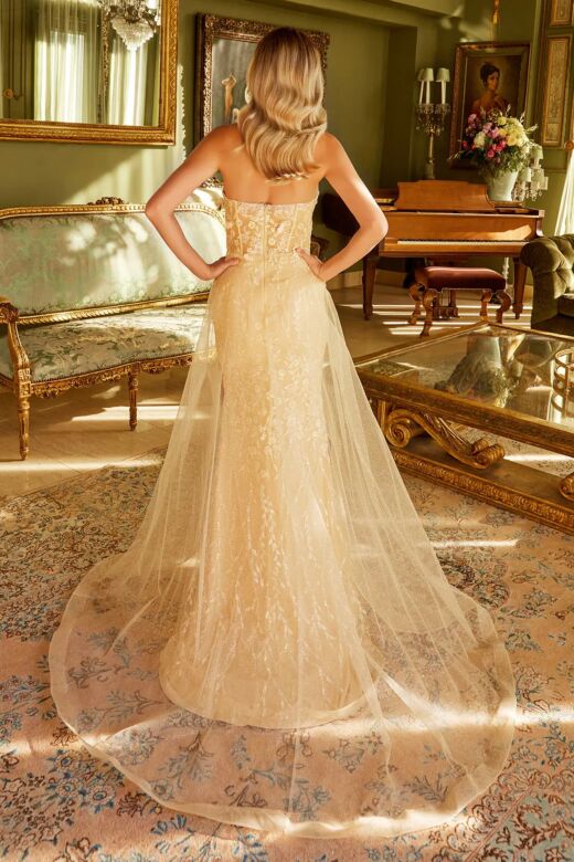 GLS by Gloria GL3256 Strapless Floral Sheer Overskirt Dress