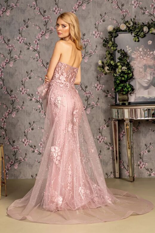 GLS by Gloria GL3257 Sheer Overskirt Floral Sweetheart Neck Dress