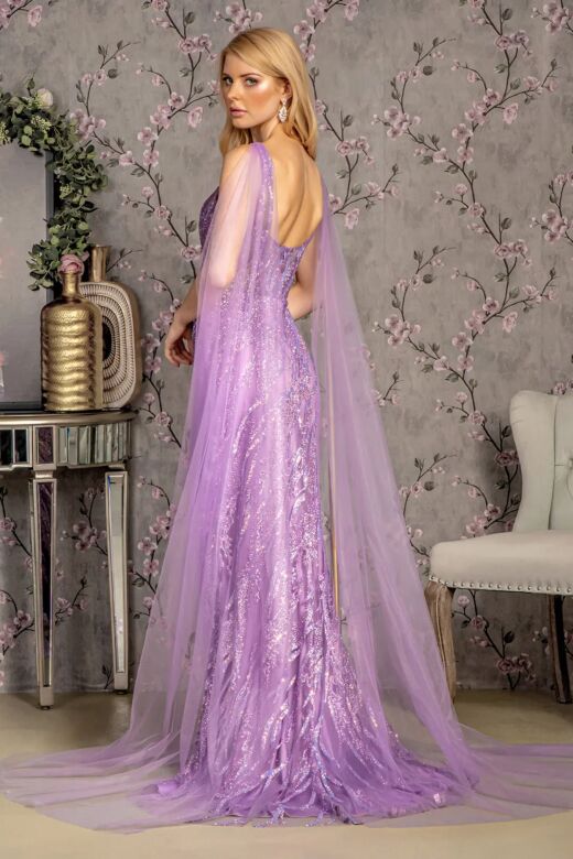 GLS by Gloria GL3369 Beaded Plunging Neck Sheer Streamer Dress