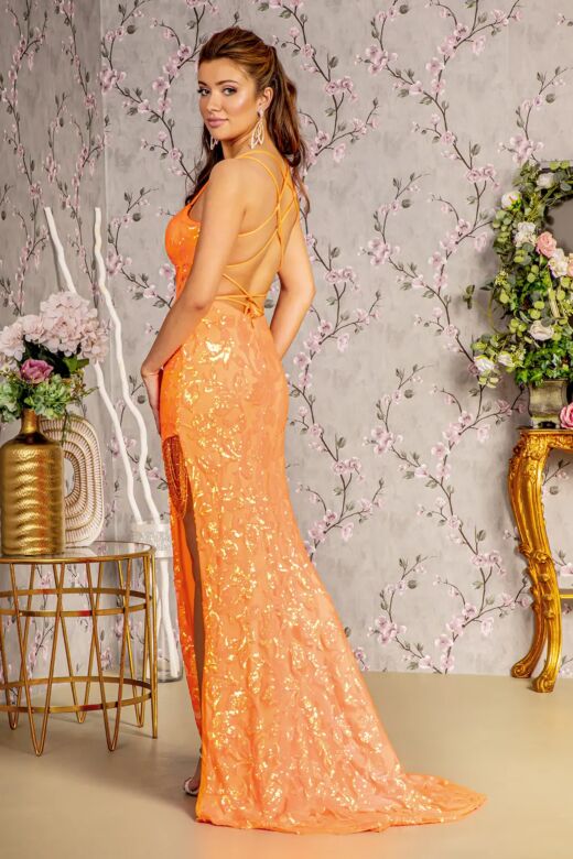 GLS by Gloria GL3376 Fringe Slit Lace-Up Back Sequin Dress