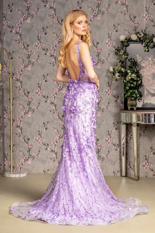 GLS by Gloria GL3410 Bare Back 3D Floral Glitter Dress