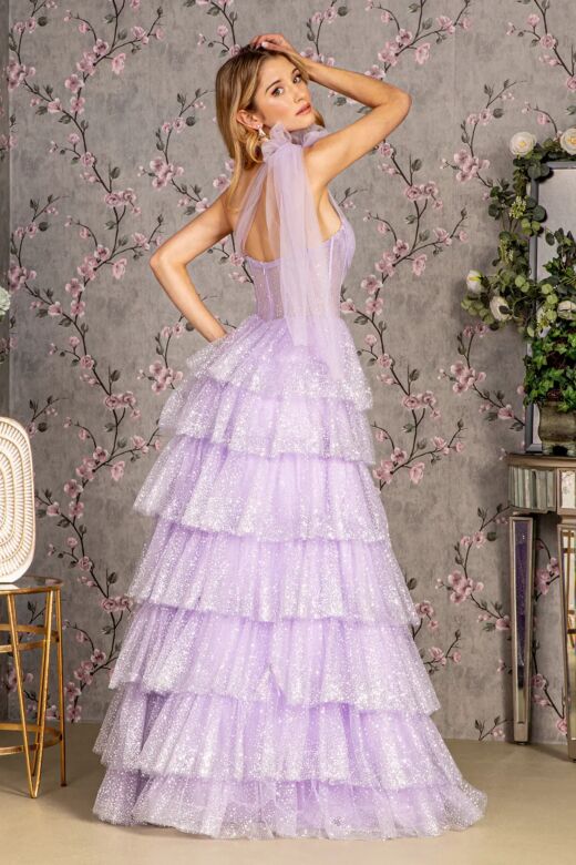 GLS by Gloria GL3454 Ruffle Skirt Tie Strap Glitter Dress
