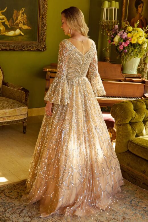 GLS by Gloria GL3582 Bell Sleeve Embellished A-Line Dress
