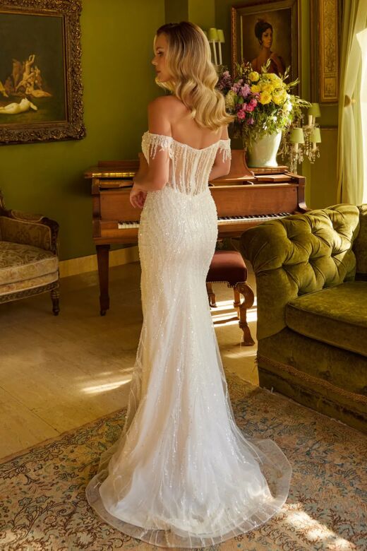 Elizabeth K GL3620 High Slit Illusion Corset Glitter Dress