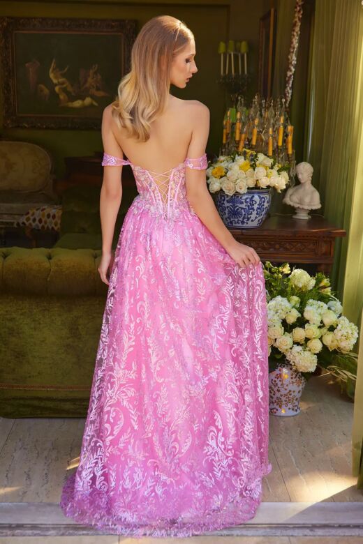 Elizabeth K GL3628 Off The Shoulder Corset Floral Glitter Dress