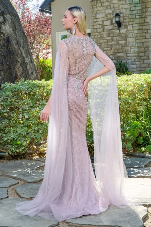 Elizabeth K GL3664 Cape Sleeve Embellished Dusty Rose Dress