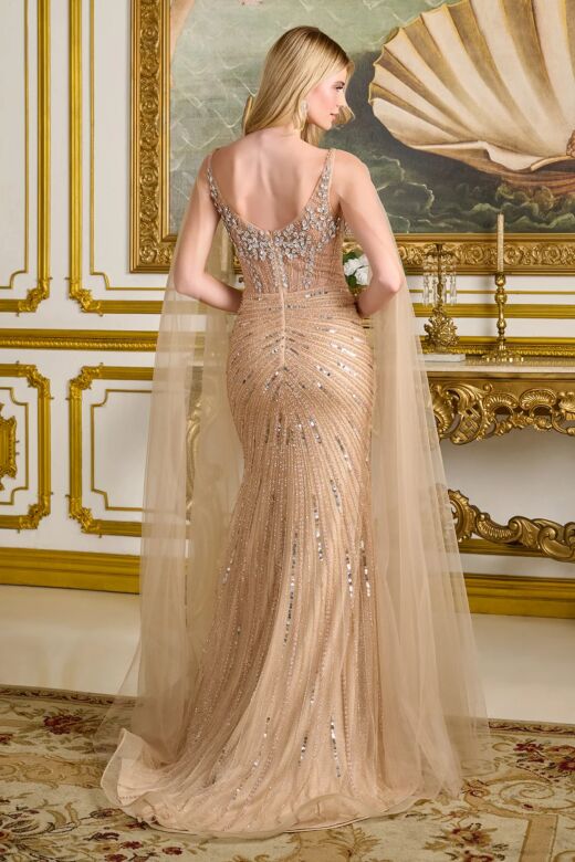 Elizabeth K GL3665 Cape Sleeve Embellished Champagne Dress