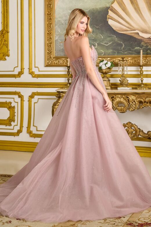 Elizabeth K GL3668 Dusty Rose Peak-A-Boo Neckline with Overskirt Dress