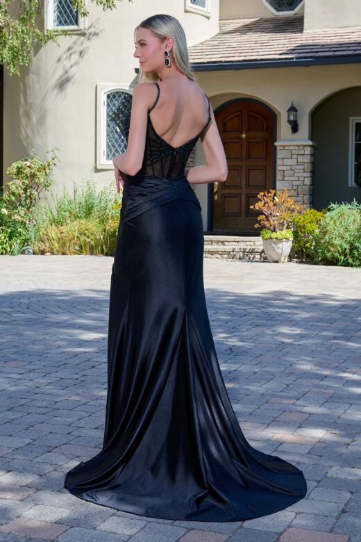 Elizabeth K GL3680 Black High Slit Fit and Flare Dress