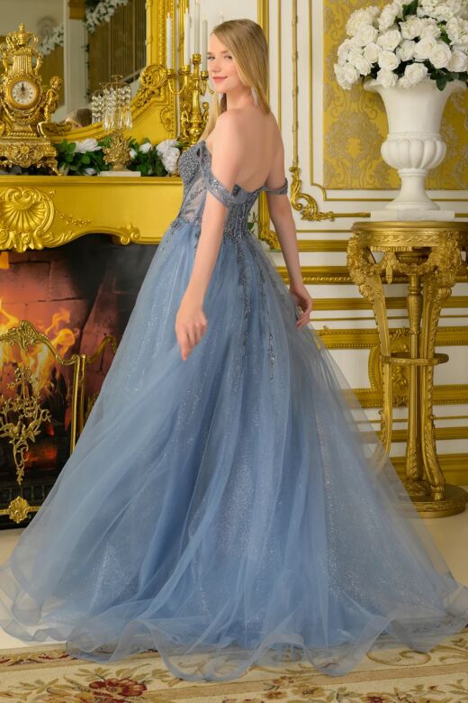 Elizabeth K GL3682 Dusty Blue High Slit Off The Shoulder Dress