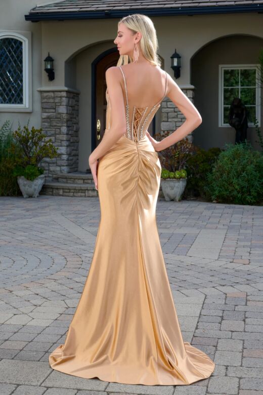Elizabeth K GL3686 Mocha Gold Satin Skirt Fit and Flare Dress