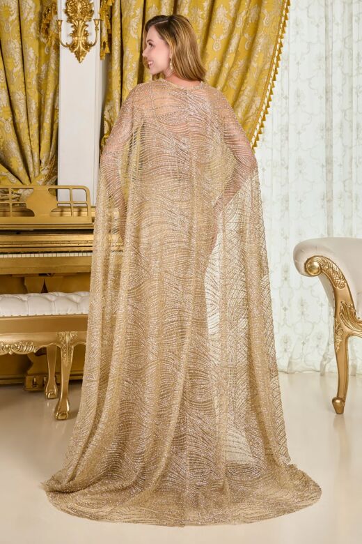 Elizabeth K GL3698 Champagne Embellished with Cape Dress