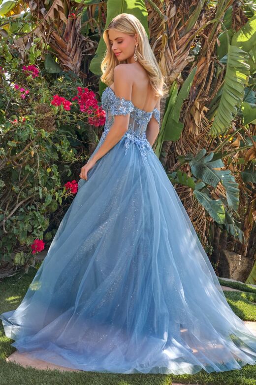 Elizabeth K GL3719 Dusty Blue Off The Shoulder A-Line Dress