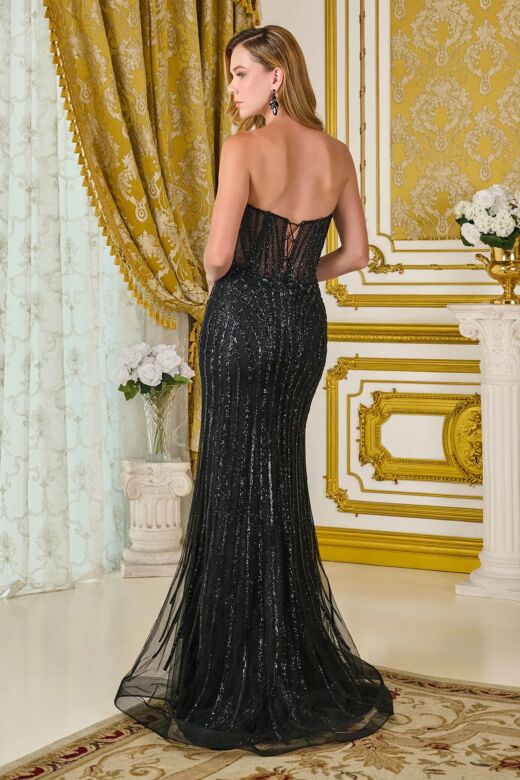 Elizabeth K GL3781 Black Beaded Strapless Dress