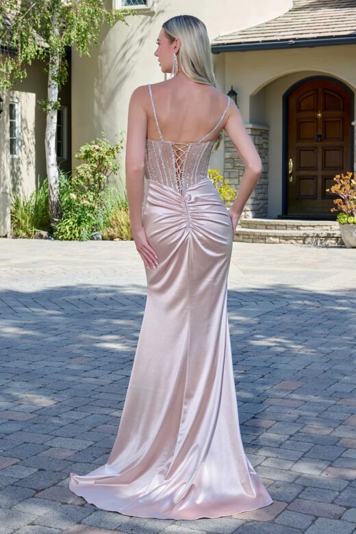 Elizabeth K GL3798 Champagne Spaghetti Strap Lace-Up Dress
