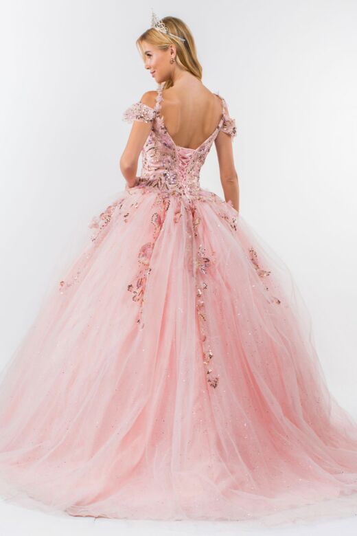 Elizabeth K GL1969 Floral Applique Bodice Cold-Shoulder Sweet 16 Dress