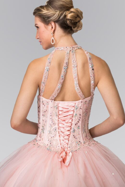 Elizabeth K GL2348 Strappy Back Sheer Halter Neck Sweet 16 Gown