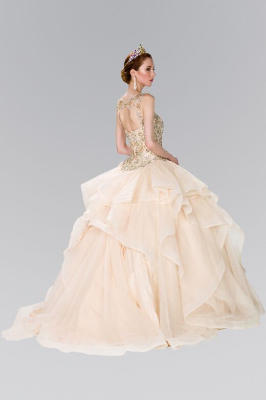 Elizabeth K GL2378 Beaded Scoop Neck Cutout Back Sweet 16 Gown