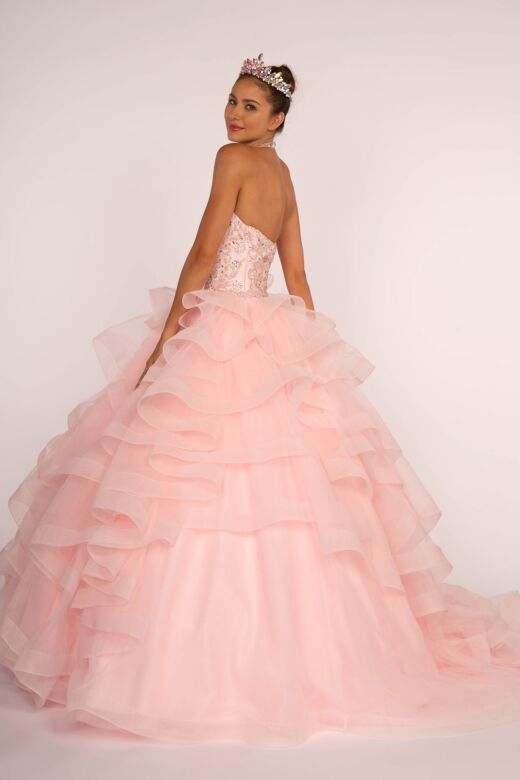 Elizabeth K GL2512 Sheer Halter Neck Beaded Bodice Sweet 16 Gown
