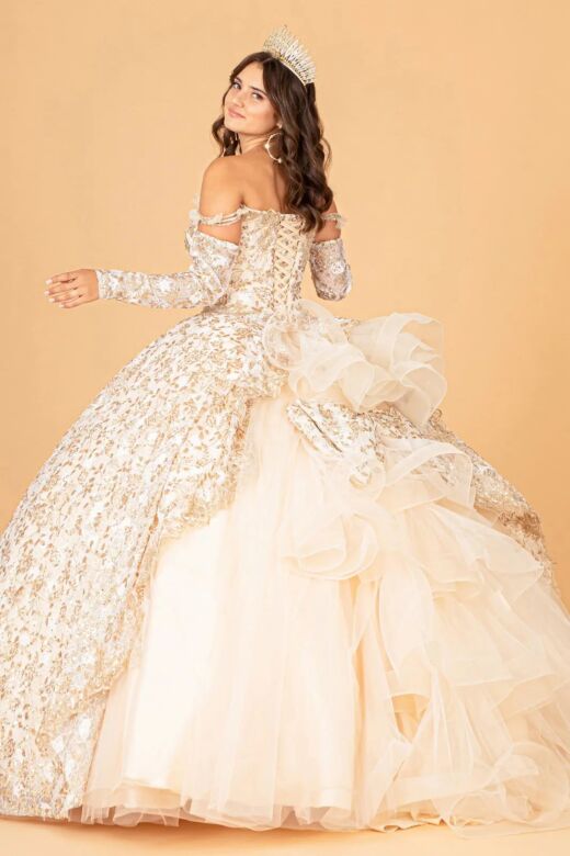 Elizabeth K GL3072 Gauntlet Sleeve Bow Ruffle Back Quinceanera Dress