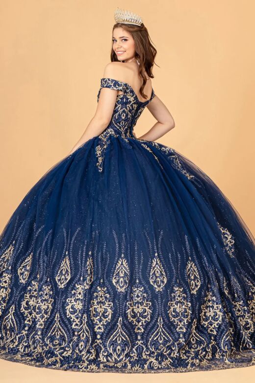 Elizabeth K GL3079 Glitter Off-The-Shoulder Basque Waist Sweet 16 Gown