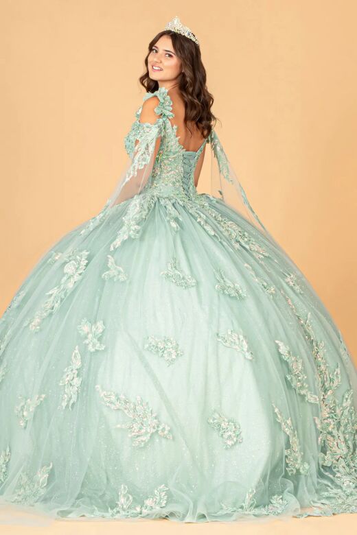 Elizabeth K GL3099 Cold-Shoulder Streamer Embroidered Quinceanera Gown